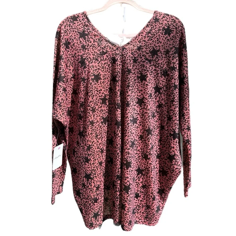 Pink Dolman Top Black Star Print Long Sleeve Tunic Cozy Casual Women's Size L‎
